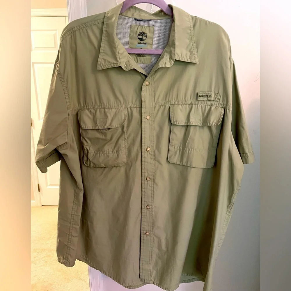 Timberland 2XL Olive 🫒 short sleeve shirt “Turbo dry” button down Velcro pocket